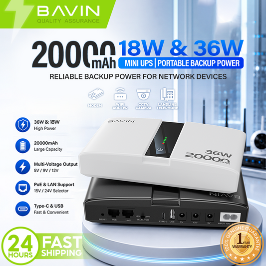 BAVIN PC1238 Portable 18W/36W 20000mAh UPS Uninterrupted Backup Powerbank for PoE Sensor, Router, CCTV