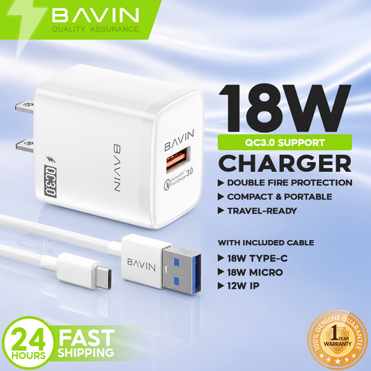 BAVIN PC903 18W Fast Charger Qualcomm 3.0 Portable Adaptor Charger Single USB Port W/ 1 Meter Cable