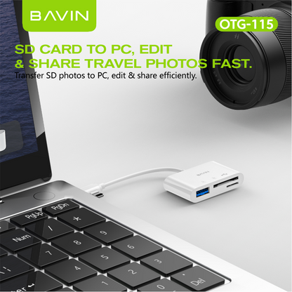 BAVIN O114 3-in-1 Memory Card Reader OTG Adapter iPhone & Type-C to USB,SD,TF Card Slot for Phone,Laptop