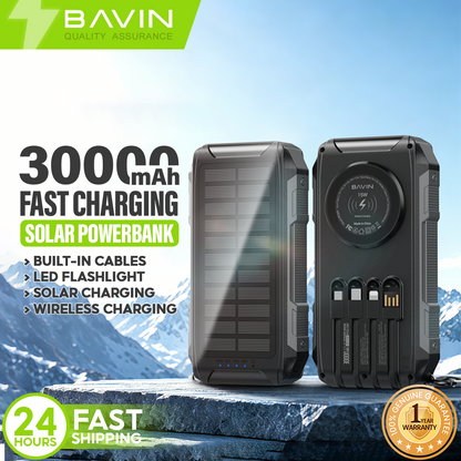 BAVIN PC1251 30000mAh Solar Power Bank PD 22.5W Fast+15W Wireless Charge w/ Cables, LED Light, 3 Output