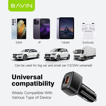 BAVIN PC876 38W Fast Charging PD QC 3.0 Dual Port Car Charger USB-C + USB-A For iPhone 17 series / Android