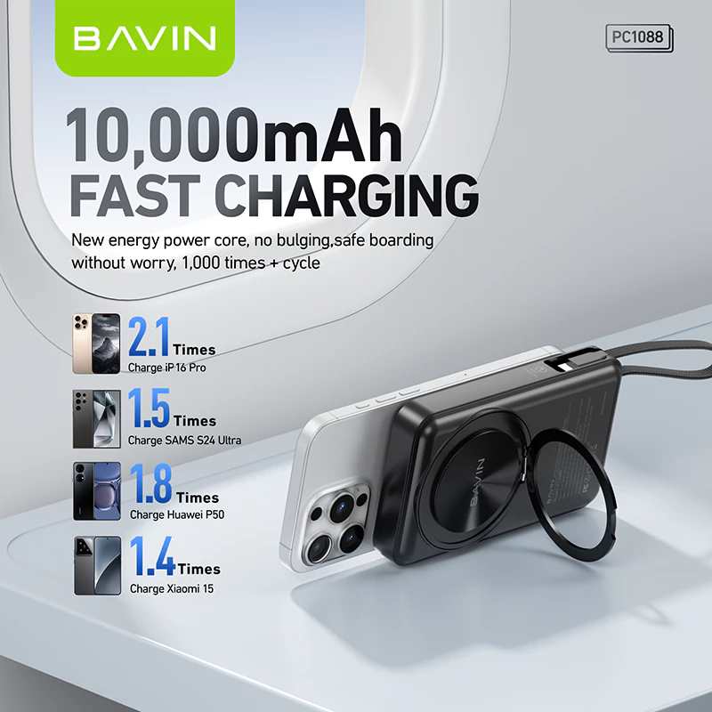BAVIN PC1088 10000mAh 22.5W PD Wireless Fast Charging Powerbank w/ 360° Stand & Free Magnetic Ring