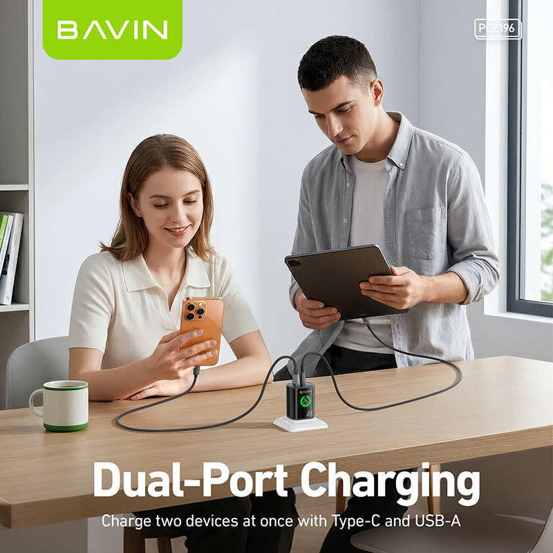 BAVIN PC2196 PD 25W+QC 3.0 Fast Charging Wall Charger Dual Ports w/ LED Display+ iPhone/Type-C Cable
