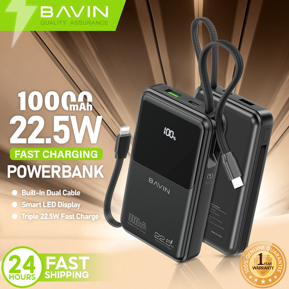 BAVIN PC1151 10000mAh Powerbank w/ 22.5W Triple Fast Charging Built-in Type-C & iPhone Cables | Smart LED Display