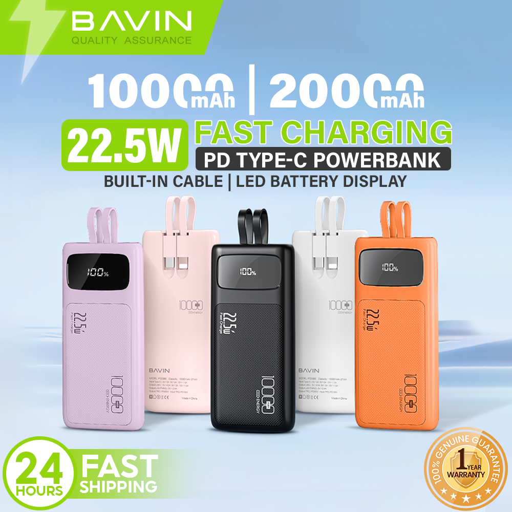 BAVIN PC008 10000mAh / PC007 20000mAh 22.5W Fast Charging Powerbank w/ Built-in Cable & LED Display