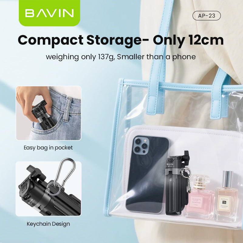 BAVIN D-Z-P23 3in1 Mini Selfie Stick w/ Tripod Bluetooth 42cm Portable & Compact 360° Rotation & Wireless Camera Shutter
