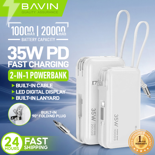 BAVIN PC1215 2-in-1 10000mAh/20000mAh 35W PD Fast Charging Powerbank w/ Built-in Dual Cables + AC Plug