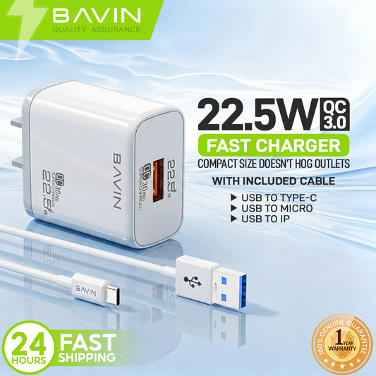 BAVIN PC826 22.5W Fast Charging QC 3.0 USB Wall Charger w/ 1m Charging Cable for Micro / Type-C / iPhone