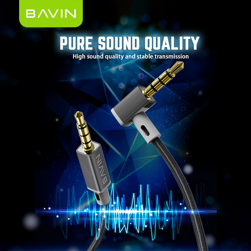 BAVIN H-3.5-AUX26 Universal 3.5mm Audio Jack Cable 1.2m Nylon Braided w/ 90° Angle for Speaker, TV, Computer & Phones
