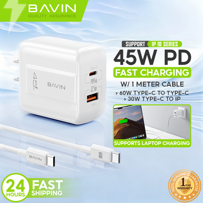 BAVIN PC2187 Portable 45W PD Fast Charger Dual USB C Wall Adapter w/ 1M Cable for iPhone 18/Android/Laptop