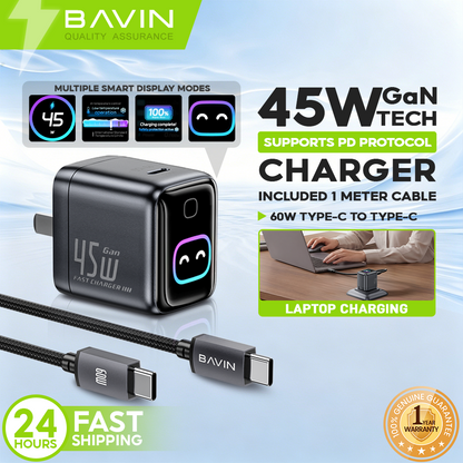 BAVIN PC2206 Mini 45W PD GaN Fast Charger Wall Adapter w/Smart Display+Foldable Plug for iPhone17/Laptop