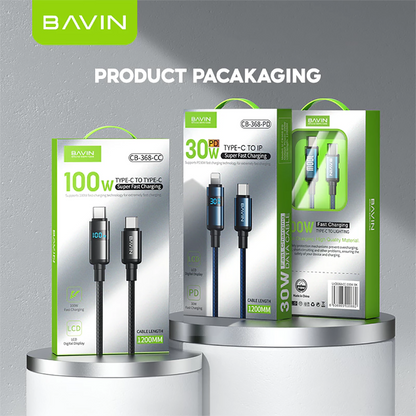 BAVIN CB368 100W PD Super Fast Charging Nylon Braided Data Cable w/ Digital Power Display For Laptop & Phones