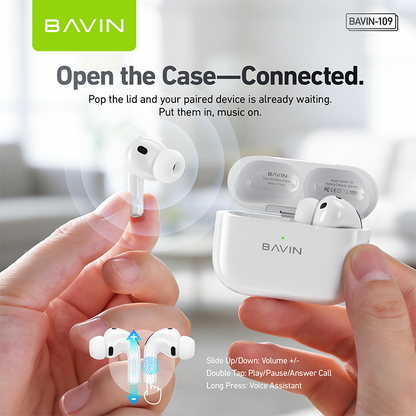 BAVIN BA109 Hi-Res Audio TWS Wireless Bluetooth 6.0 Earphones w/ Microphone & 30 Hours Playtime