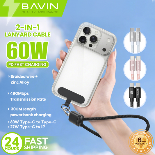BAVIN CB429 2in1 Portable Fast Charging 60W PD Type-C Data Cable w/ Phone Lanyard for iPhone 17, Android