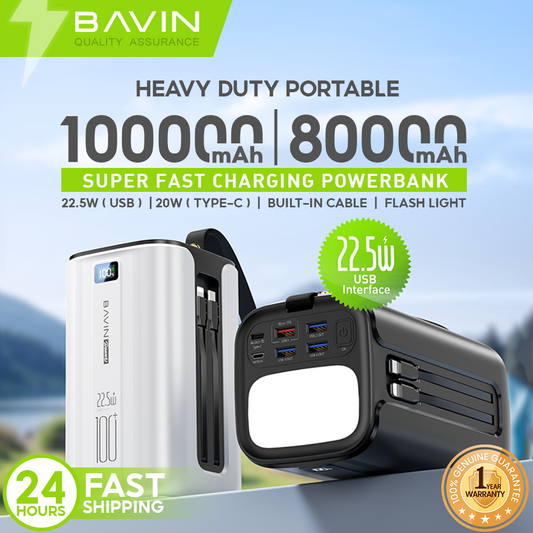 BAVIN PC1057S 80000mAh /PC1138S 100000mAh Heavy Duty Powerbank 22.5W Fast Charging w/ Built-in Cable