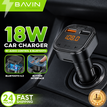 BAVIN PC2011 18W Fast Charging Dual USB Car Charger 12-24V W/ LED Display/MP3 Bluetooth 5.3V/Micro