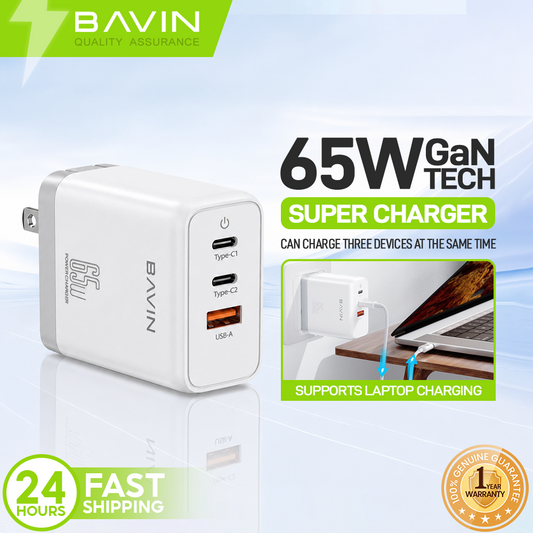 BAVIN PC860 65W GaN Fast Charger Adapter w/ Dual Type-C PD & USB QC3.0 Ports Compatible for Laptop & Smartphones