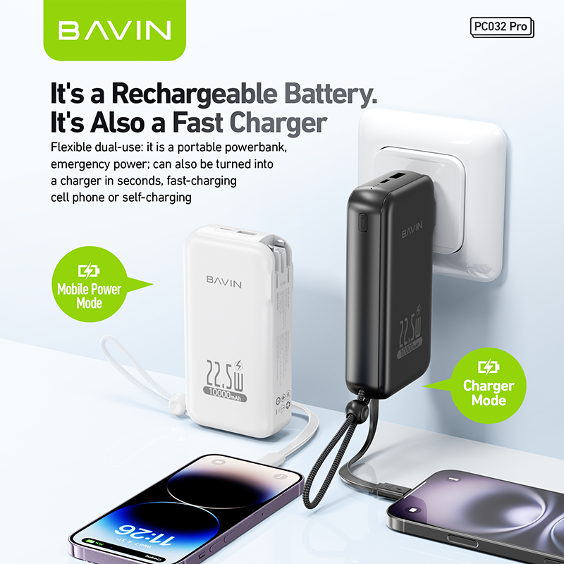 BAVIN Y-PC032 Pro / Y-PC1103 2-in-1 Charger & Powerbank 10000/20000mAh 22.5W Fast Charging w/ Dual Cables & Foldable AC Plug