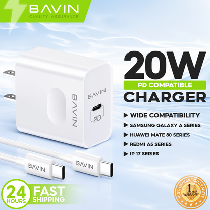 BAVIN PC837 20W PD USB C Charger QC3.0 Fast Charging Adapter for iPhone 12-17/ S23 S24 S26 S25 Smartphone