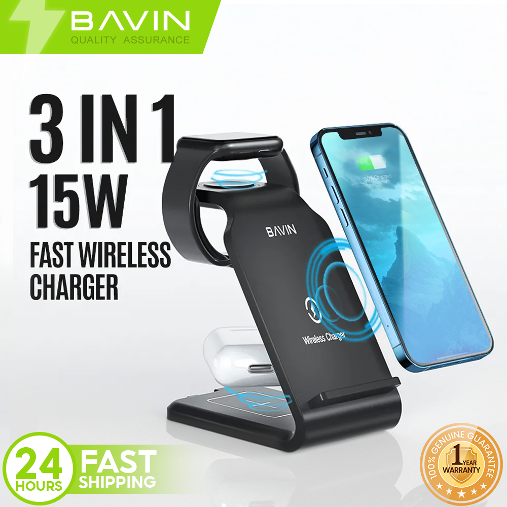 BAVIN PC055 3in1 Multifunctional Phone Stand w/ 15W Wireless Charger for iPhone Watch & Earbuds