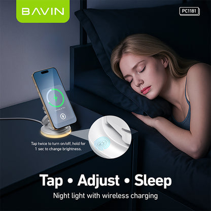 BAVIN Y-PC1181 3-in-1 Magnetic Wireless Charger 15W Fast Charging Dock for Phone / Watch / Earbuds Foldable w/ LED Light