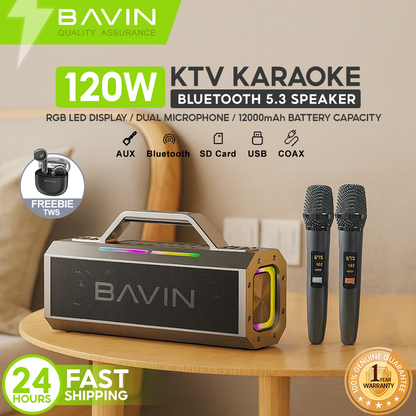 BAVIN BM26 Outdoor Bluetooth Speaker Splash-Proof & Durable with 2 Wireless Microphones