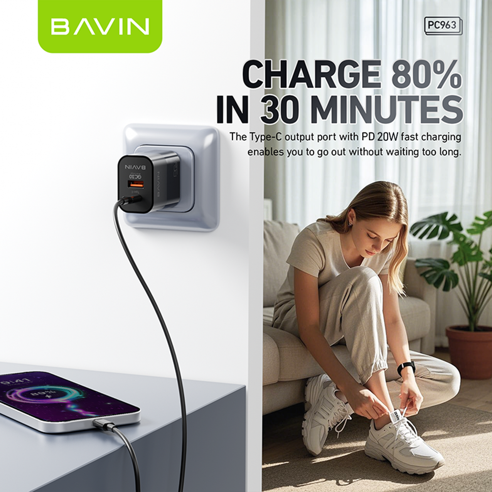 BAVIN C-PC963-PD Fast Charger w/ Dual Type-C & USB QC3.0