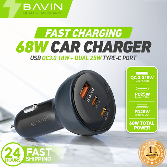 BAVIN PC2138 68W PD Fast Charging Car Charger w/ 25W 2x Type-C + 18W USB Ports QC3.0 for Laptop/Phone