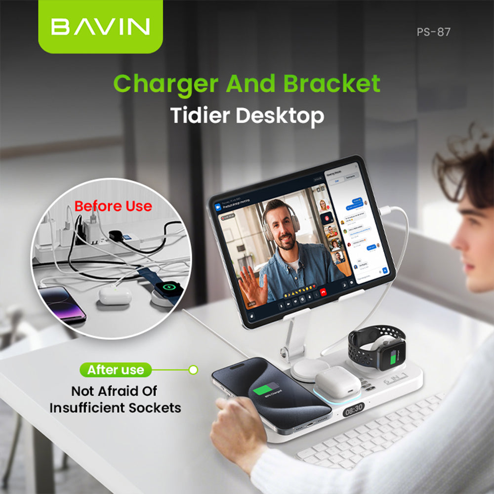 BAVIN D-S-PS87 6in1 Magnetic 15W Wireless Charging Stand w/ LED Light for Phone, Earbuds & Watch