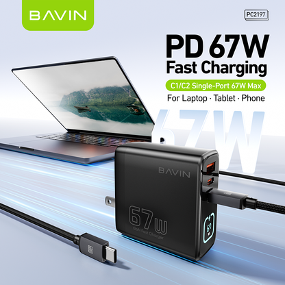 BAVIN PC2197 67W PD GaN Fast Charger w/ Smart LED Display + Foldable Plug + 3 USB Ports for Laptop, iPhone 17
