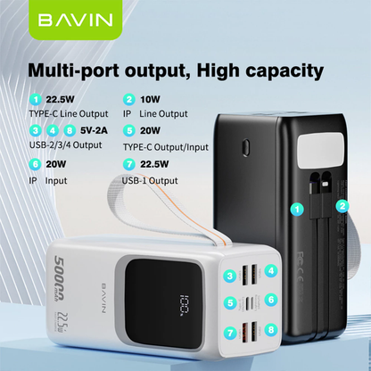 BAVIN PC1032 50000mAh / PC1031 30000mAh 22.5W PD Fast Charging Power bank Built-in Cable LED Display