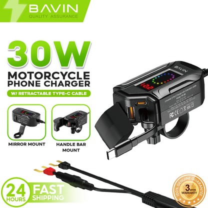BAVIN PS98 30W Fast Charger for Motorcycles w/ Built-In Retractable Type-C Cable & USB + Type-C Port