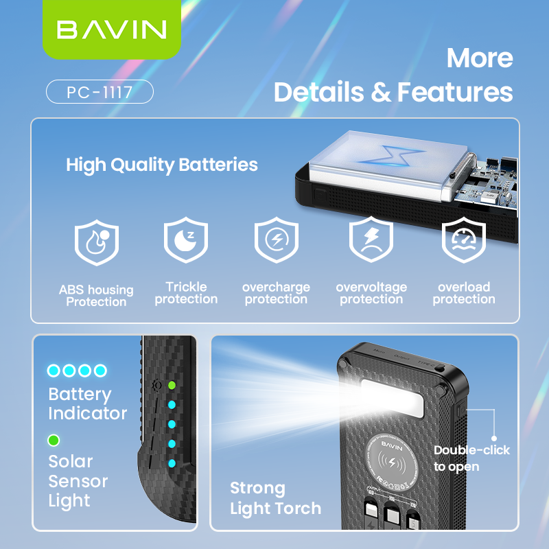 BAVIN PC1117 10000mAh Wireless Solar Powerbank w/ 6 Output Ports and Strong LED Light