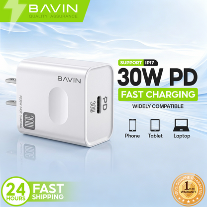 BAVIN PC818 30W PD Fast Charging Universal Wall Charger Type-C Compatible for iPhone 12-17 Series & Android Devices
