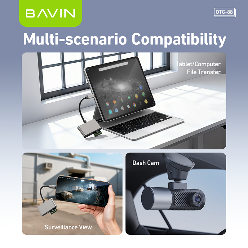 BAVIN O88 OTG 3in1 Card Reader Adapter for USB/TF/SD Card w/480Mbps Data Transfer for Laptop, Phones
