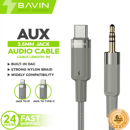 BAVIN AUX60/AUX61 1M Hi-Res Type-C / iPhone to 3.5mm AUX Audio Cable Male to Male for Headphone Headset