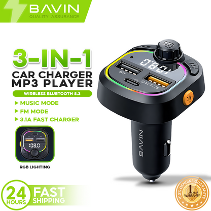 BAVIN PC2013 3 in 1 BT 5.3 MP3 Player Fast Charging 3.1A Car Charger w/ RGB Color Lighting/U-Disk MP3