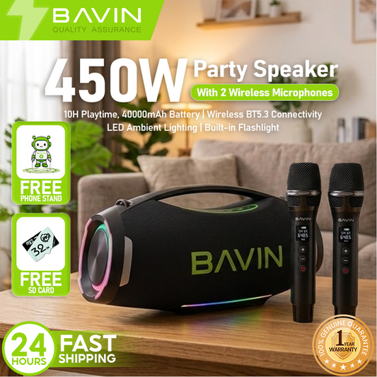 BAVIN BM57 450W Party Speaker 40000mAh Bluetooth 5.3 Speaker with 2 Wireless Microphones & LED Light