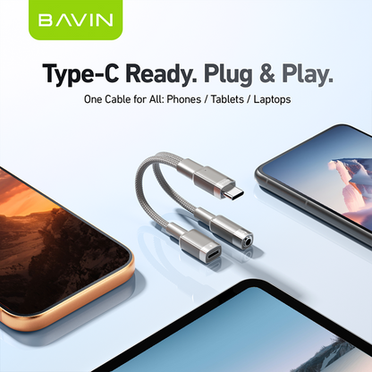 BAVIN AUX62 2-in-1 Hi-Fi Audio & Charge Cable w/iPhone, Type-C to 3.5mm Adapter for Android & iPhone Devices