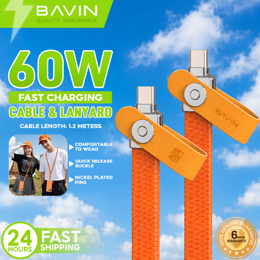 BAVIN CB425 2in1 60W Fast Charging Phone Strap Lanyard + Flat Type-C Data Cable 1.2m for iPhone 17, Android
