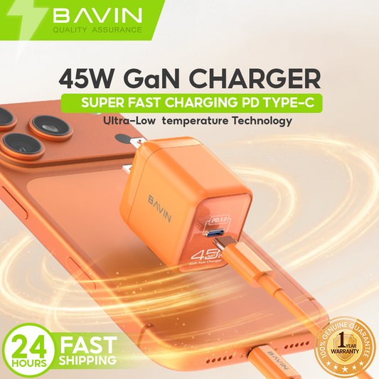BAVIN PC2132 GaN 45W PD Mini USB-C Fast Charger Wall Adapter w/ Cable for iPhone 17 & Android Devices