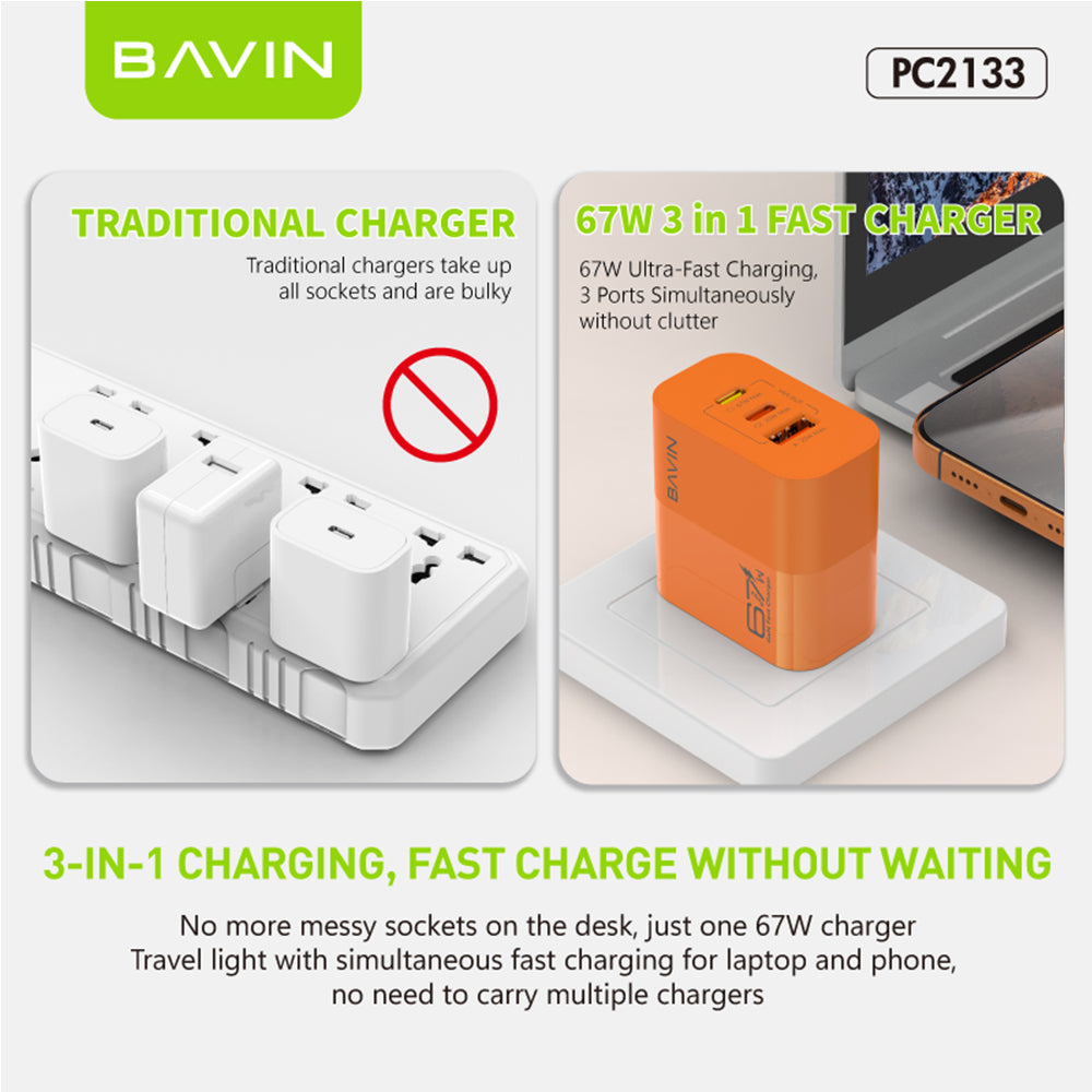 BAVIN PC2133 3in1 67W GaN Fast Charging Charger Dual Type-C + USB Ports w/ 1m Cable for Laptop, Phones