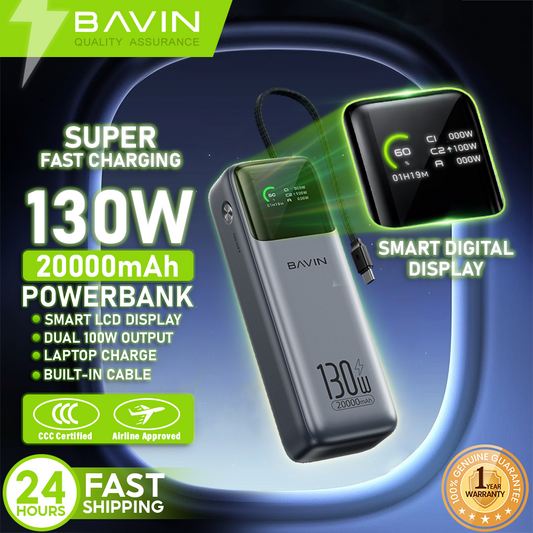 [CCC] BAVIN PC1233S 130W 20000mAh Fast Charging Powerbank Built-in Type-C Cable & TFT Digital Display
