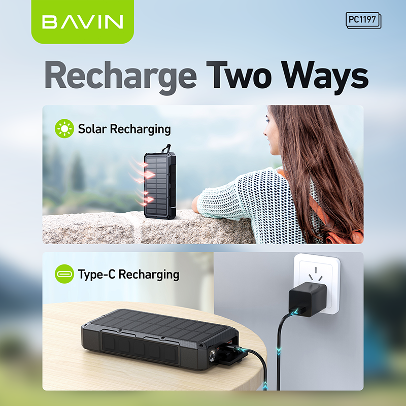BAVIN Y-PC1197 20000mAh Solar Powerbank w/ 35W Type-C Fast Charging & 15W Wireless Charging w/ LED Flashlight & 3 Outputs