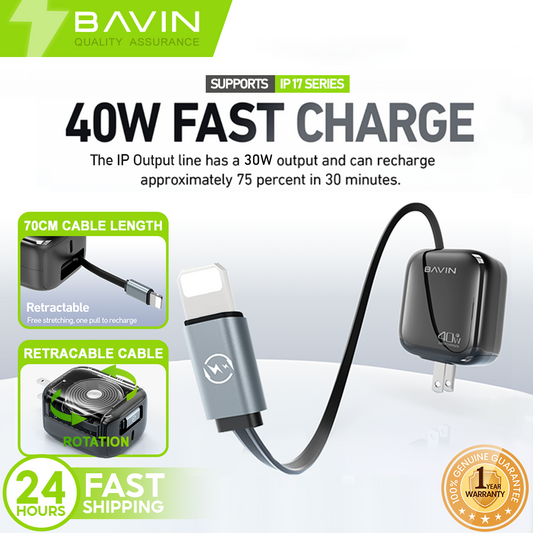 BAVIN PC2020 40W PD Fast Charging AC Adapter Built in Retractable iPhone Cable for iPhone 17/Android /Laptop