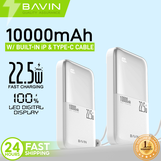 BAVIN PC1077 Mini Slim Fast Charging Powerbank 10000mAh 22.5W w/ Built-In LED Display & Cable Cord