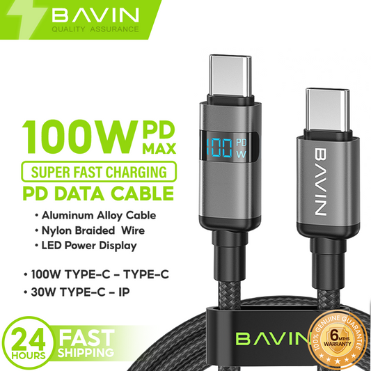 BAVIN CB368 100W PD Super Fast Charging Nylon Braided Data Cable w/ Digital Power Display For Laptop & Phones