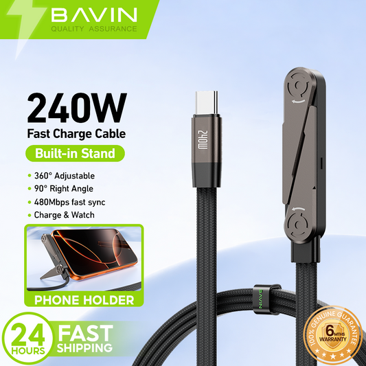 BAVIN CB430 2-in-1 240W PD Type-C Fast Charging Data Cable 1.2m w/ Foldable Stand for iPhone & Android