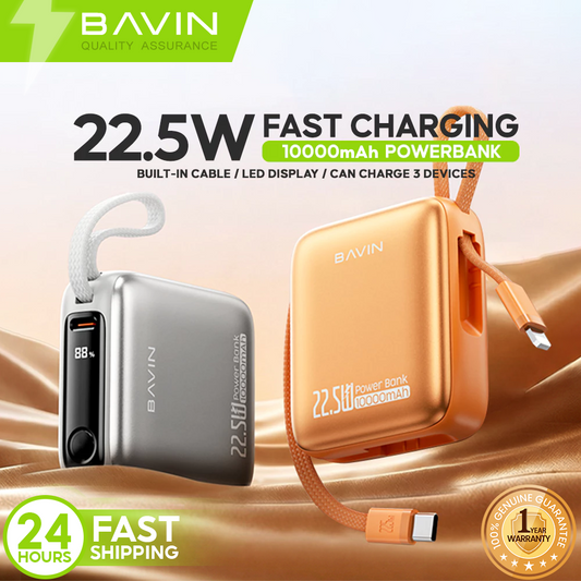 BAVIN PC1210S 2in1 10000mAh 22.5W Fast Charging Mini Powerbank Built-in Dual Cable Compact & Portable