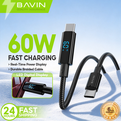 BAVIN CB432 60W PD USB C Fast Charging Data Cable 1M w/ LED Digital Display, Braided Nylon For iPhone 18